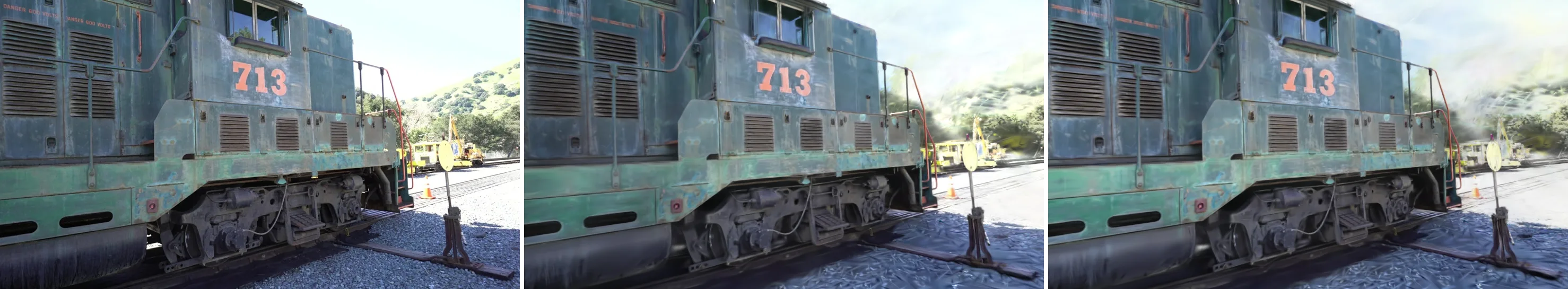 Photograph, reference render and UE engine output at the median view of Train
